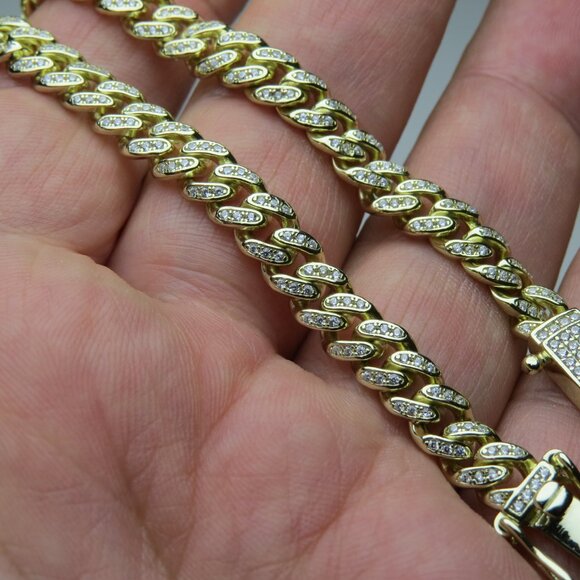 14k *925 Sterling Silver Men's Cuban Diamond Bracelet - Picture 2 of 7